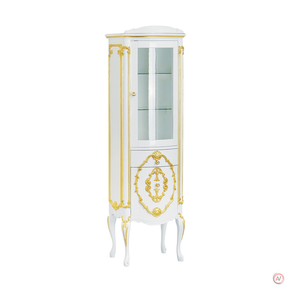 AMELIA Витрина L52xH178xP40 см.DX, 1 дверь ст.+2 выдв.ящ, LAC BIAN BRIL/дек.FOG ORO, ручки зол.SW