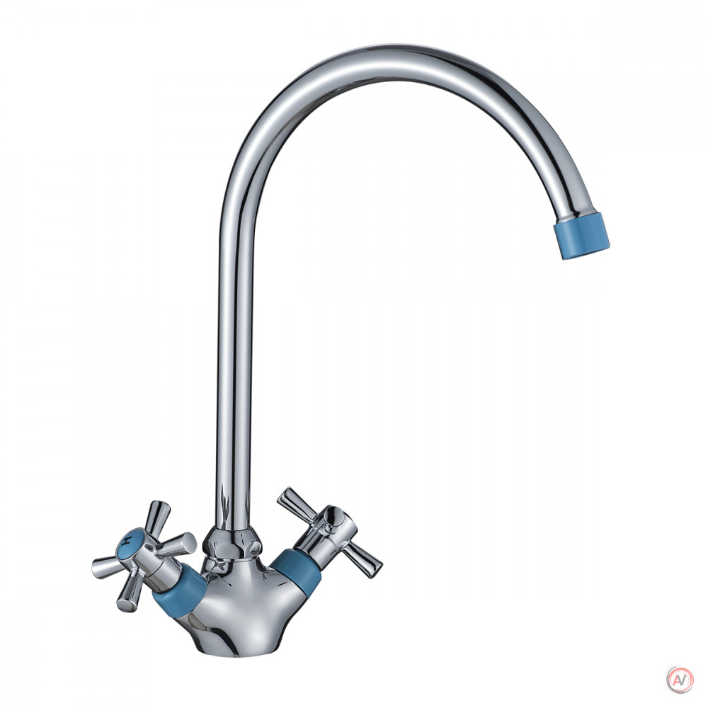 Смеситель DECOROOM DR51028-Blue двуручный для кухни с высоким поворотным изливом